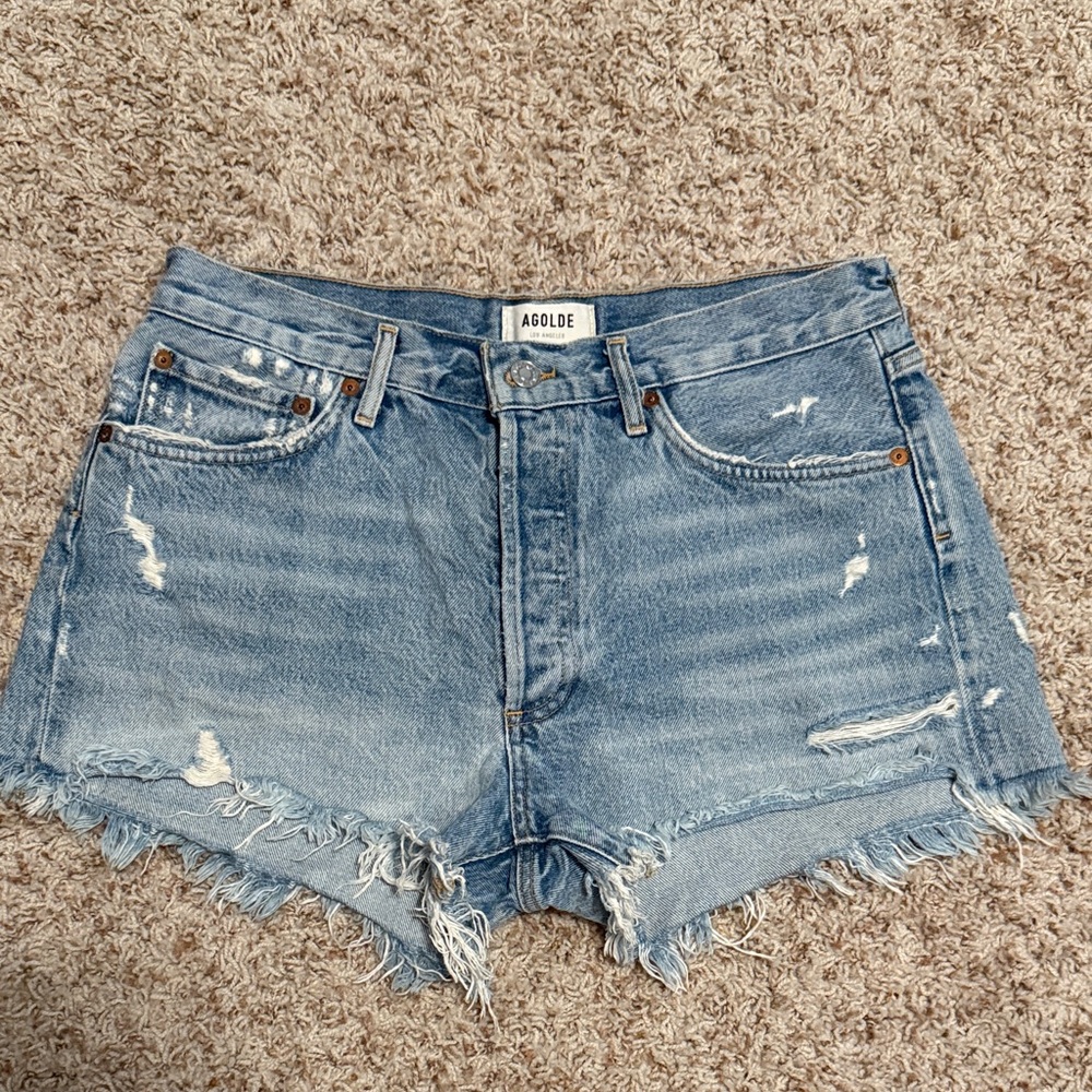 Agolde Light Blue Distressed Jean Shorts